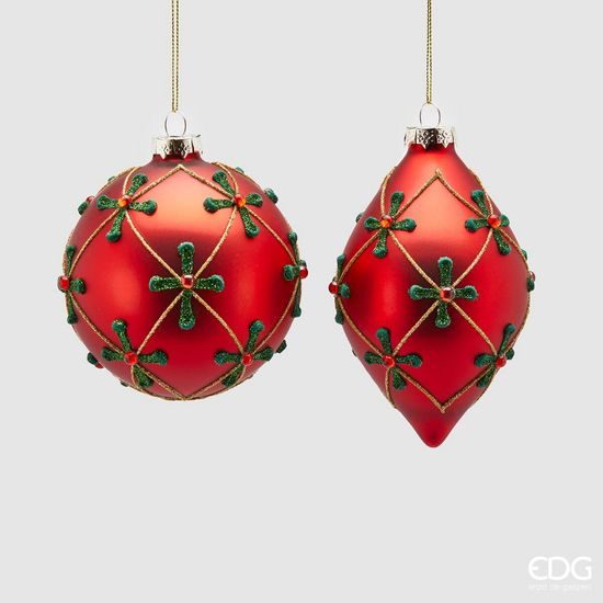 Vánoční skleněná ozdoba s ornamenty červená 1ks, 10 cm