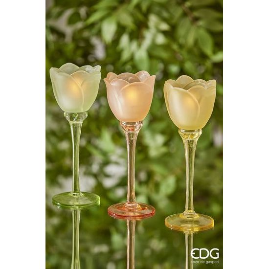 Sklenený svietnik na čajovú sviečku v tvare tulipánu 1ks, 22x8,5 cm