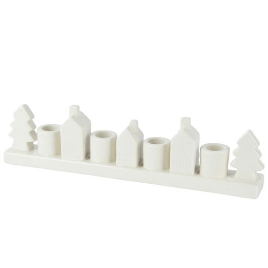 Porcelánový svietnik na dlhé sviečky s domčekmi, 34,2x4,8x8,7 cm