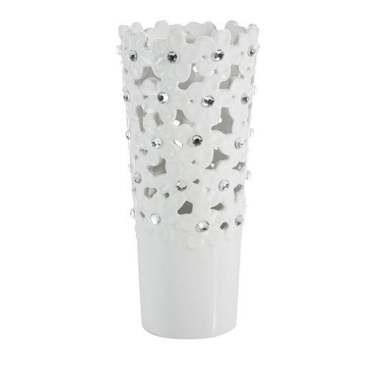 Keramická váza s květinami bílá, 12x12x27cm