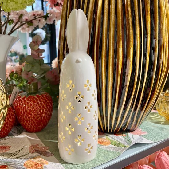 Velikonoční dekorace porcelánový zajíc bílý s LED osvětlením, 8,6x8,6x30 cm