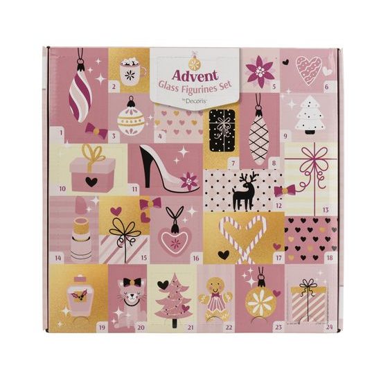 Adventní kalendář se skleněnými ozdobami 24 ks - Dívčí Vánoce, 3,5x2,5x5cm