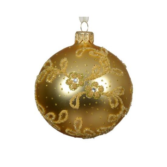 Vianočná sklenená zlatá ozdoba s ornamentmi, 8 cm