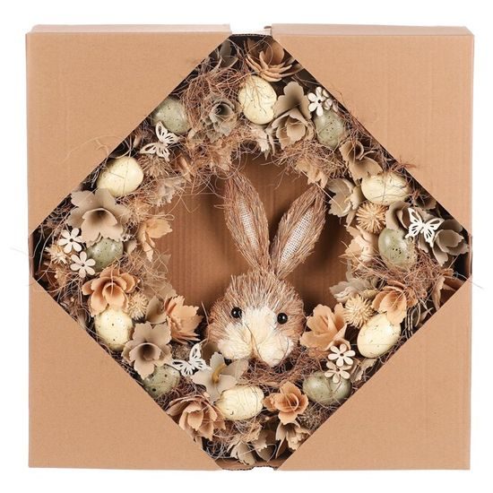 Velikonoční dekorace věnec s květy a zajícem přírodní, 45 cm