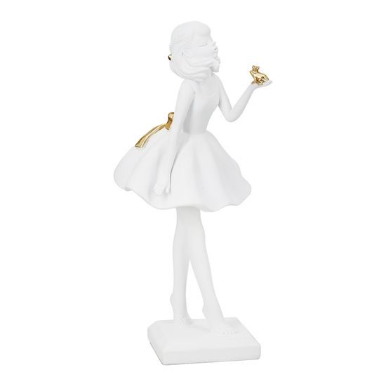 Dekorace figura děvčátko s žabkou bílá, 10,5x11x24 cm