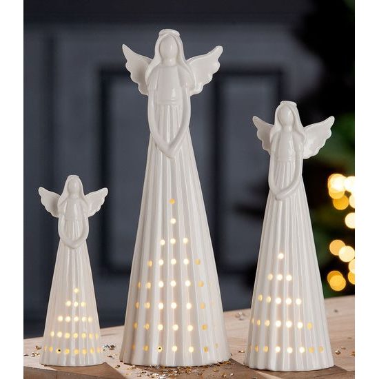 Porcelánový anděl s LED osvětlením bílý, 8,5x8,5x26 cm