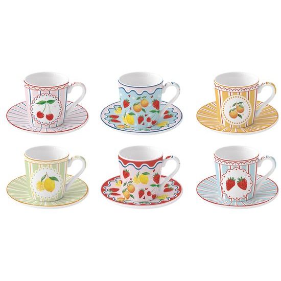 Porcelánové šálky s podšálky na espresso 6ks Fruit Mania 100ml, Easy Life