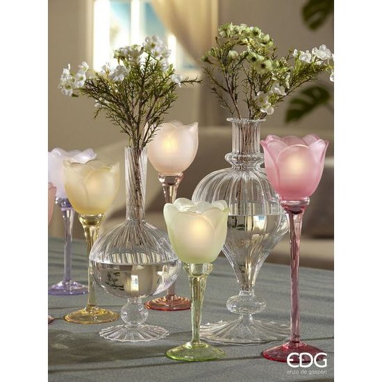 Sklenený svietnik na čajovú sviečku v tvare tulipánu 1ks, 19x8,5 cm