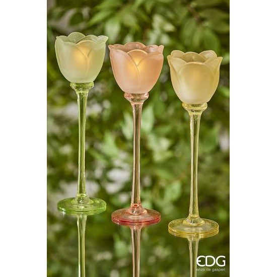 Skleněný svícen ve tvaru tulipánu žlutý/oranžový/zelený 1ks, 28x8,5 cm