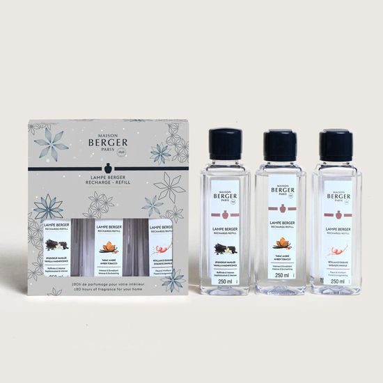 Maison Berger Paris - Sada náplní do katalytické lampy: Ambrový tabák/Velkolepá vanilka/Intenzivní třpyt, 3x250 ml