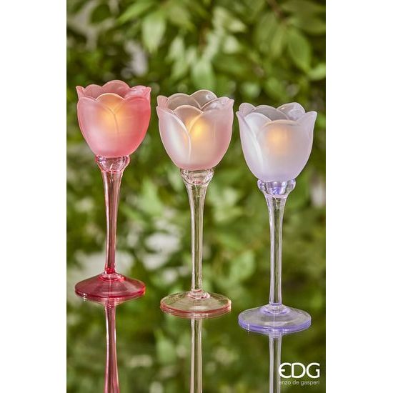 Skleněný svícen ve tvaru tulipánu fialový/růžový 1ks, 19x8,5 cm