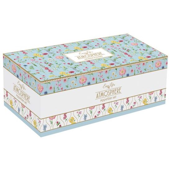 Aperitiv sada se 4 porcelánovými miskami a bambusovým tácem Meadow Flowers 29x13 cm, Easy Life