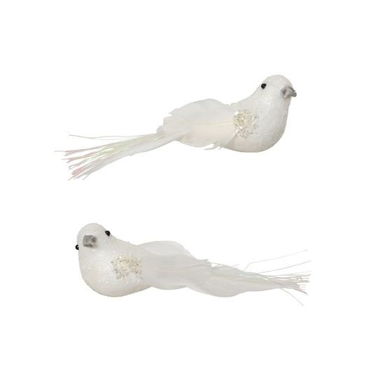 Vánoční dekorace ptáček na klipu bílý s flitry 2ks, 12x3,5x4cm
