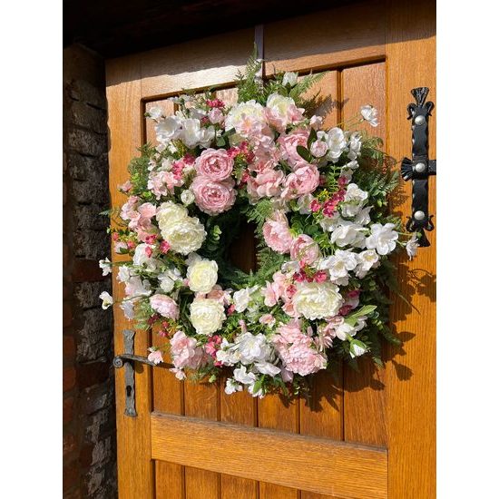 Jarní dekorace věnec na dveře pivoňky růžovo-bílý, 70-80cm