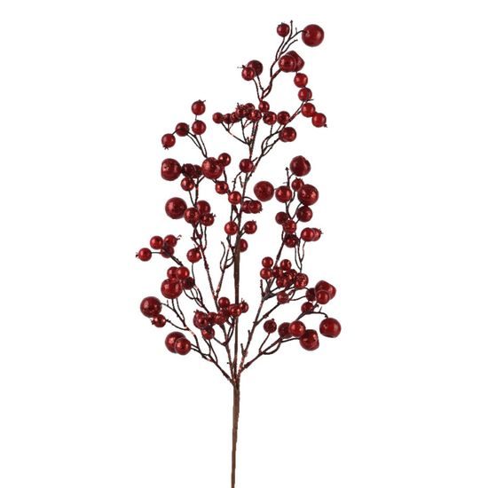 Vianočná umelá vetvička červených bobúľ s flitrami, 5x16x68cm