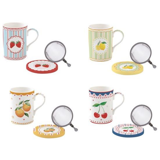 Porcelánový hrnek na čaj se sítkem a pokličkou Fruit Mania 350ml 1ks, Easy Life