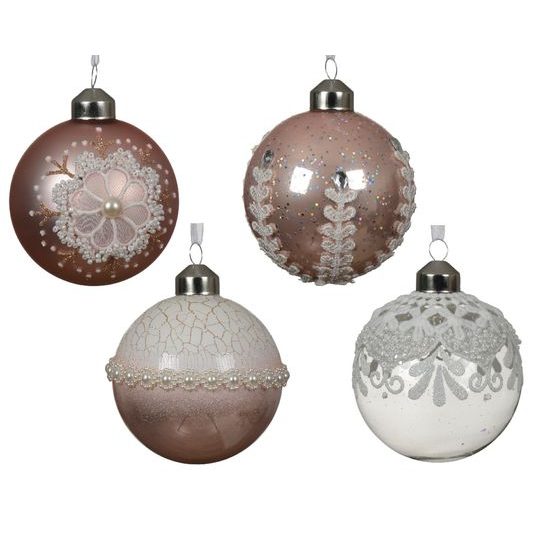 Vianočná sklenená ozdoba s ornamentmi ružová 1ks, 8 cm