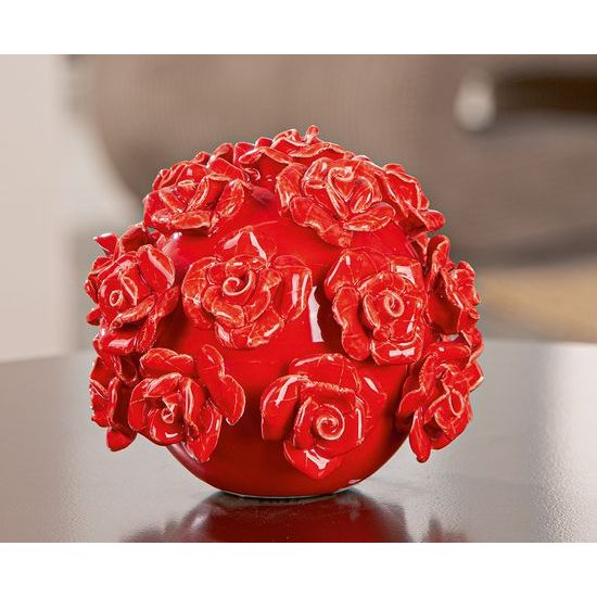 Keramická dekorace koule s růžemi červená, 13,5 x 12 cm