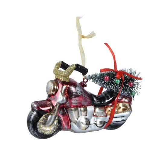 Vianočná sklenená ozdoba motorka so stromčekom, 4,2x12x7 cm