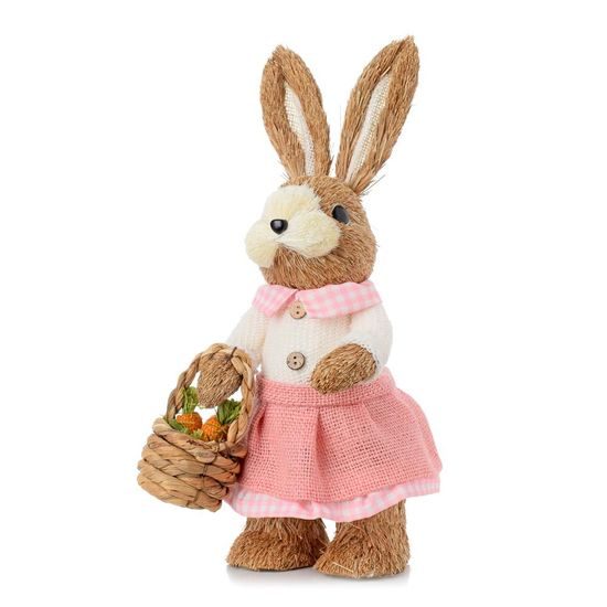 Velikonoční dekorace slaměná zaječice s růžovými šaty, 14x13x33 cm