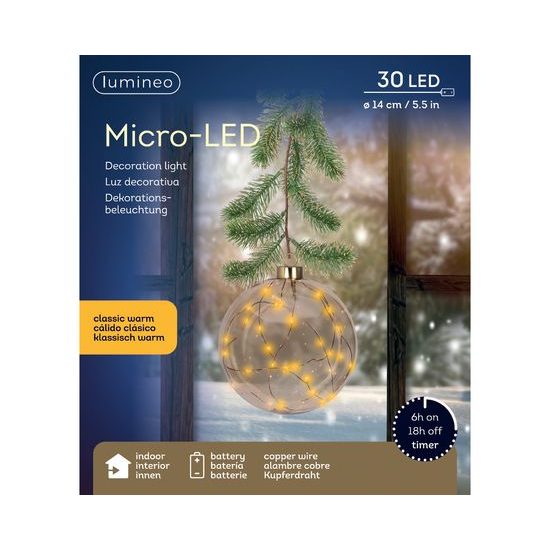 Vianočná závesná guľa s LED svetlami a vetvičkami, 14 cm