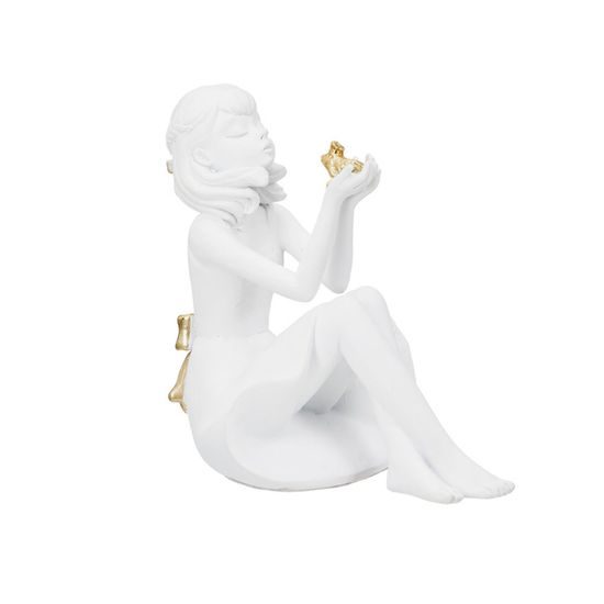 Dekorace figura sedící děvčátko s žabkou bílá, 9,5x8x10,5 cm