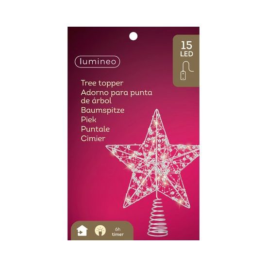 Vánoční dekorace stříbrná špička na stromek hvězda s LED osvětlením, 6x25x27 cm
