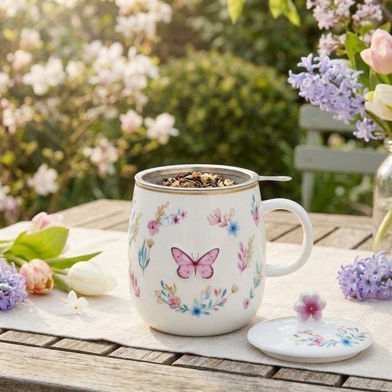 Porcelánový hrnček so sitkom a viečkom na čaj Fancy Garden 450 ml, Easy Life