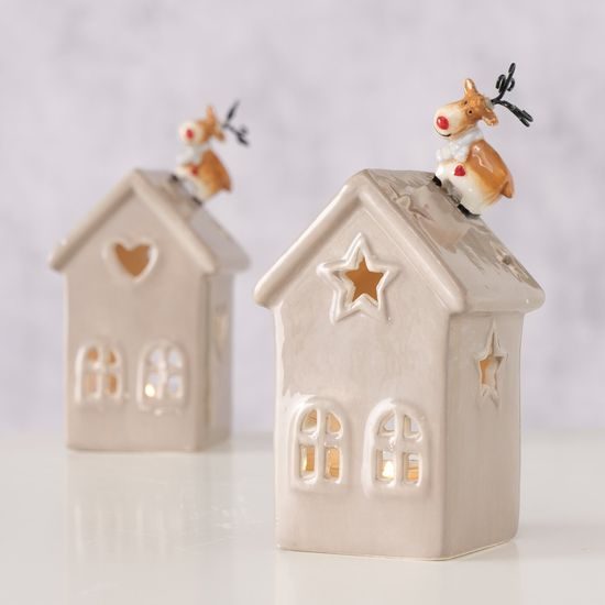 Vánoční dekorace keramický domeček se světlem světle šedý 1ks, 8x7x16 cm