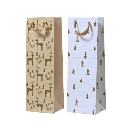 Vianočná darčeková taška na fľašu so sobmi/stromčekmi, 10x12x36 cm