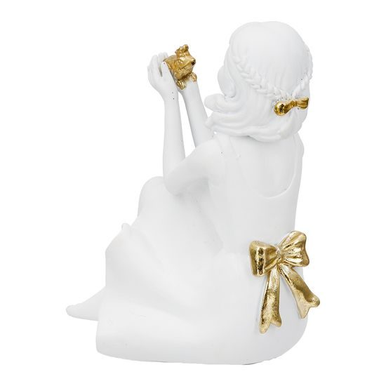 Dekorace figura sedící děvčátko s žabkou bílá, 9,5x8x10,5 cm