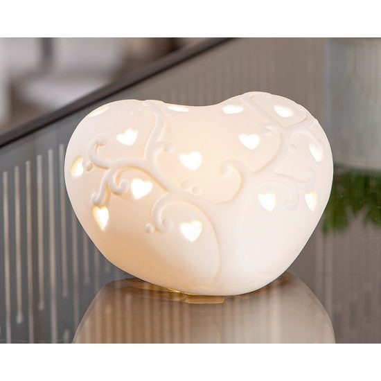 Porcelánová dekorace srdce s LED osvětlením bílé, 8,5x10x5 cm