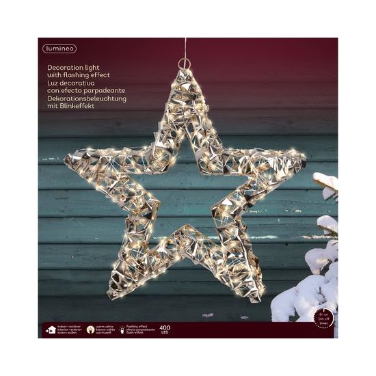 Vianočná dekorácia hviezda s LED svetlami a blikajúcim efektom zlatá, 8x38 cm