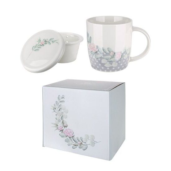 Porcelánový hrnek s pokličkou na sypaný čaj Botanic Chic, 9x12x10,2 cm