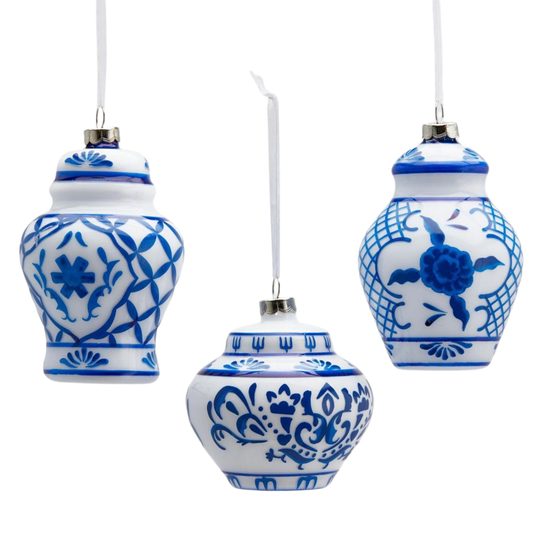 Vianočná sklenená ozdoba s modrými ornamentmi 1ks, 12 cm
