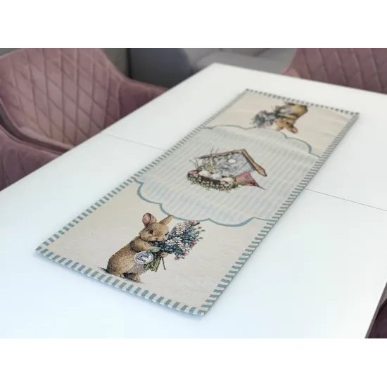 Velikonoční gobelínový běhoun na stůl Blue Bunnies, 37x100cm