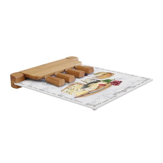 Servírovací sada se skleněnou deskou a noži na sýry Les Fromages v dárkovém balení 30x25cm, Easy Life