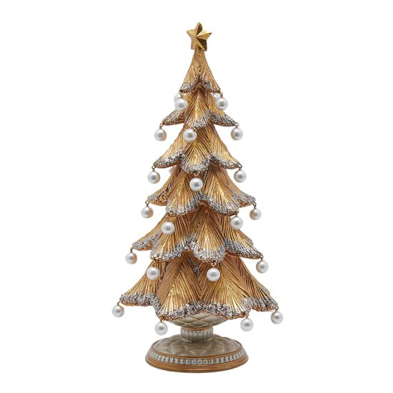 Vianočná dekorácia stromček s perlami zlatý, 36x19 cm