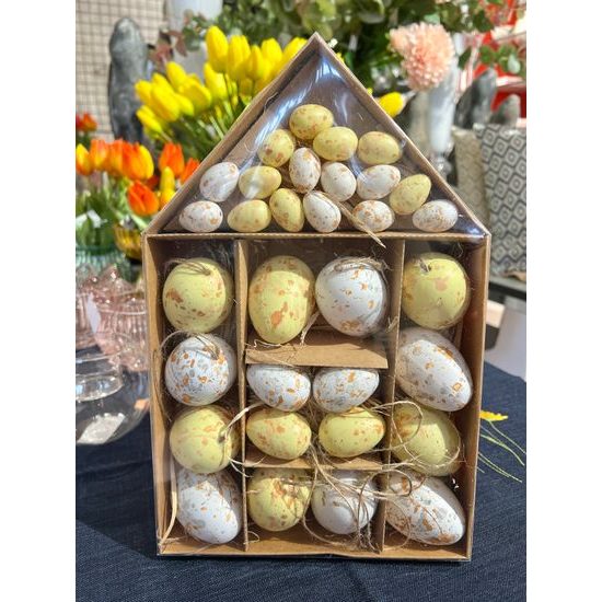 Velikonoční dekorace sada vajíček bílé/žluté 32ks, 2,5-4-6 cm