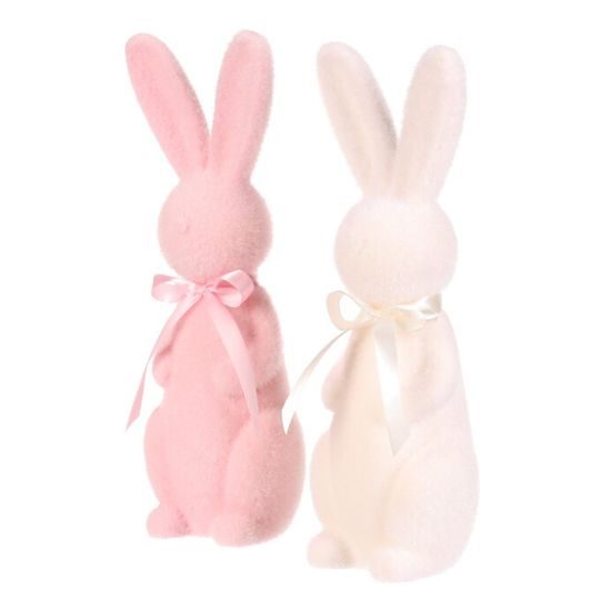 Velikonoční dekorace semišový stojící zajíc růžový/bílý 1ks, 10x9x30 cm