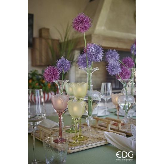 Skleněný svícen ve tvaru tulipánu fialový/růžový 1ks, 28x8,5 cm