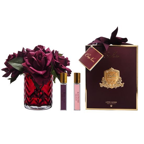 Côte Noire - Herringbone kytica 5 ruží s parfémami Red Roses v červenej váze