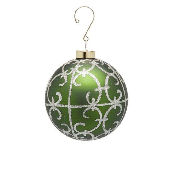 Vianočná sklenená ozdoba zelená s flitrami, 10 cm