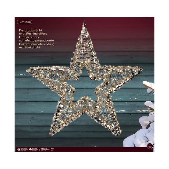 Vianočná dekorácia hviezda s LED svetlami a blikajúcim efektom zlatá, 9,5x60 cm