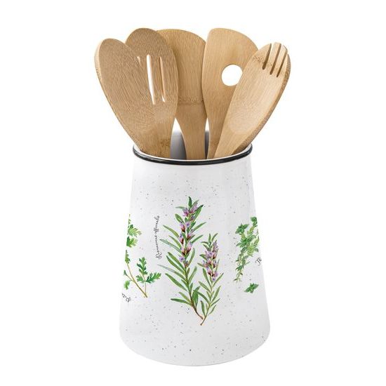 Porcelánová nádoba s 5 kusmi bambusového kuchynského náčinia Herbarium 15x19 cm, Easy Life