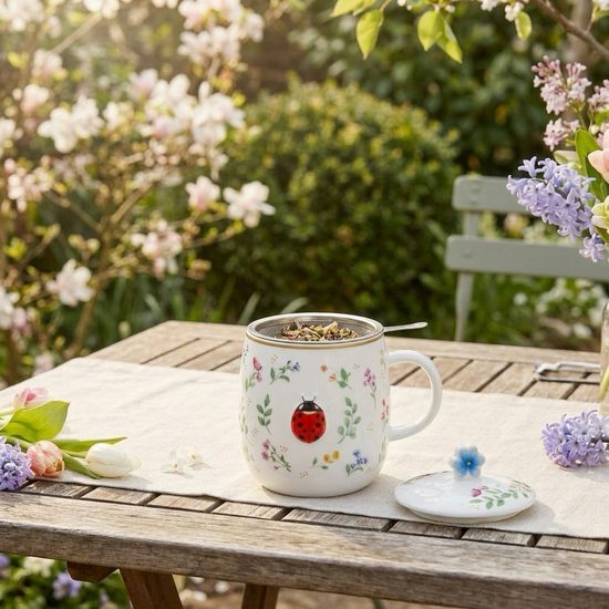 Porcelánový hrnček so sitkom a viečkom na čaj Fancy Garden 450 ml, Easy Life