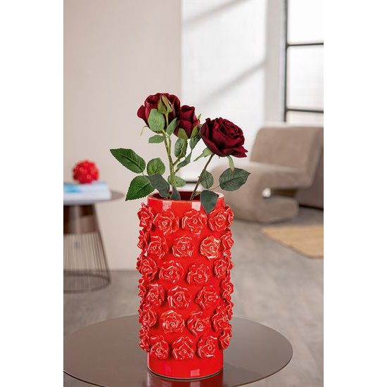 Keramická váza s růžemi červená, 17 x 30,5 cm