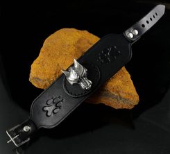 BLACK WARG - VLK, kožený náramek s vlkem