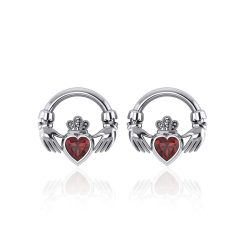Silver Claddagh Earrings with garnet