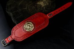 GLADIATOR - lion's head, leather bracelet, red